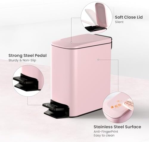 Cesun Small Bathroom Trash Can with Lid, 1.6 Gal, Soft Close, Pink - Image 3