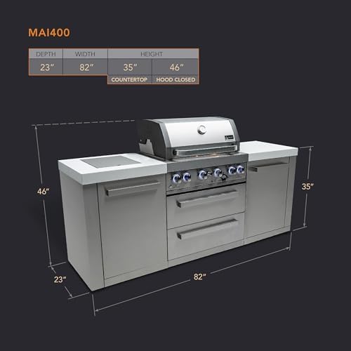 Mont Alpi Premium 82"W x 23"D x 46"H Stainless Steel Modular Outdoor Kitchen Island with Infrared Side Burner + 32"W 4-Burner BBQ Gas Grill + White Granite Countertops + Storage Cabinets + Drawers - Image 2