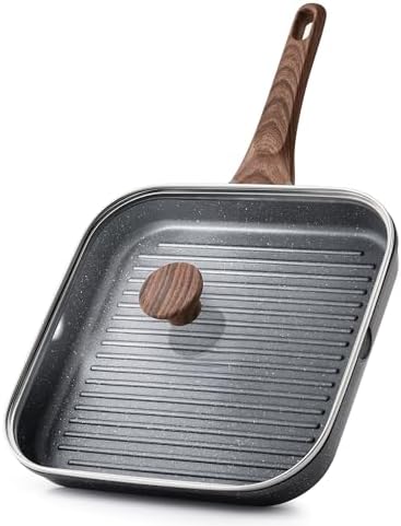 SENSARTE Nonstick Grill Pan with Lid, Grill Pan for Stove Tops, Versatile Griddle Pan with Pour Spouts, Square Grill Pan for Big Cooking Surface, Grill Skillet for Indoor Outdoor Grilling. PFOA Free by SENSARTE
