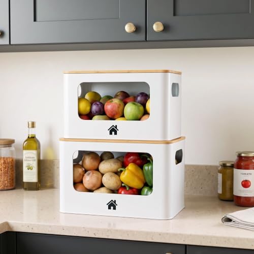 ALOCEO Metal Trash Bag Holder with Bamboo Lid - 13/30/33 Gallon Garbage Bag Dispenser - Under Sink Organizer - Laundry Room Organization - Stackable Bins for Pantry and Kitchen Storage - 2 Pack White - Image 6