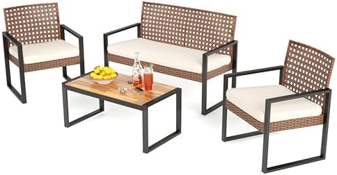 PHI VILLA 4 Piece Brown Wicker Patio Furniture Set with Beige(Round Hole) by PHIVILLA