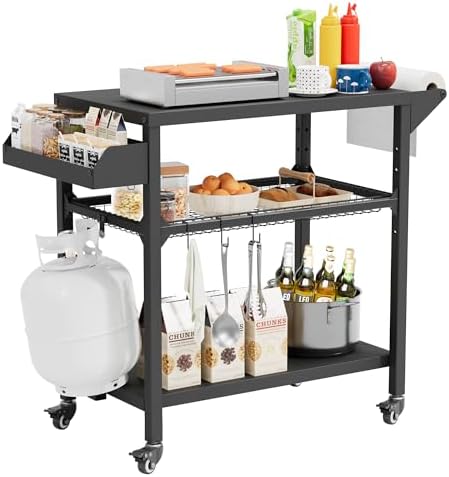 Oakcloud Outdoor Grill Cart with Storage, Movable Pizza Oven Table, Durable Steel BBQ Prep Station, Grill Table for Outside Cooking, Heavy-Duty Outdoor Kitchen Cart with Wheels by OckcloudPatioFurniture