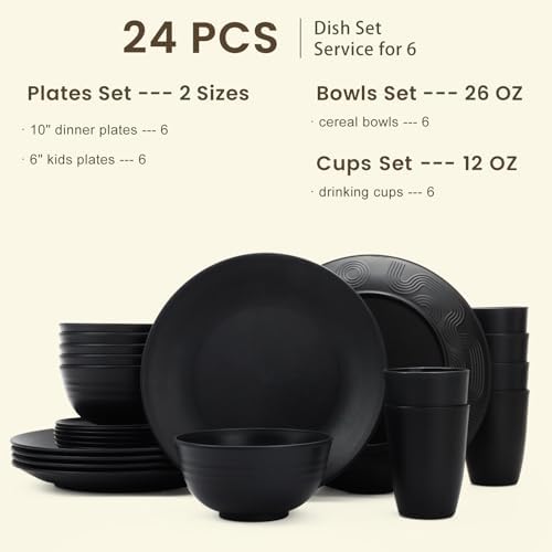 Homienly 24-Piece Wheat Straw Dinnerware Sets,Service for 6 - Cups, Plates and Bowls Sets,Reusable Dishwasher and Microwave Safe Melamine Dinnerware Set for Home,Camping,RVs - Black - Image 2