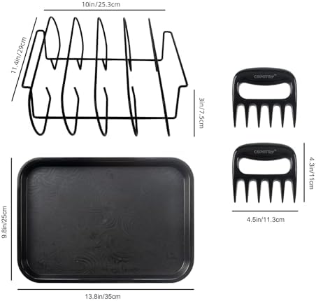 Rib Rack for Smoking, Black Non-Stick Coated Steel 11 in Rib Rack with 2 Meat Shredder Claws, Black PP Tray, Perfect for Grilling, Smoking, BBQ Accessories and Outdoor BBQ Set - Image 2