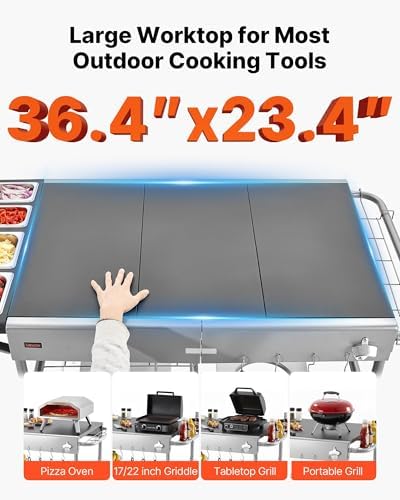 VEVOR Outdoor Grill Cart, Grilling Table, Movable Outdoor Cooking Table with 4 Spice Containers, Wheels, Lids, Hooks, BBQ Prep Tables for Picnic, Kitchen, Courtyard - Image 4
