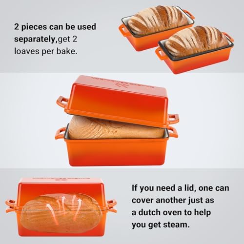 Northriver Casting Enameled Cast Iron Loaf Pan with Lid, Best Bread Oven, Bread Loaf Pans for Baking Homemade Sourdough Bread 9x5, 2 Piece set, Flame - Image 3