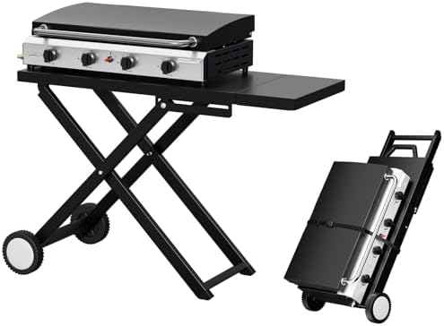 Bonnlo Foldable Flat Top Grill with 4 Burner & Lid, Powerful 40,000 BTU Propane Gas Grills with Ignition, Enamel Griddle, Side Shelf & Portable Cart with Wheels for Outdoor Camping Hibachi Grill Use by Bonnlo