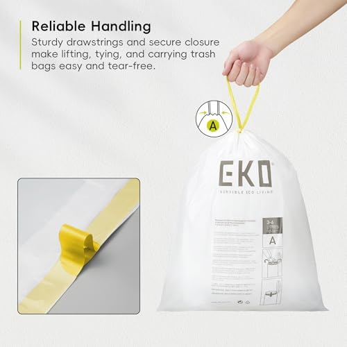 EKO 1.6 Gallon /3-6 Liter,Small Drawstring TrashBags,Extra-Strong Unscented Garbage Bags,Easy-Dispense Roll-Kitchen &Household Use,Resists Tears,Leaks & Punctures,Code A, White, 80 Count (Pack of 12) - Image 4