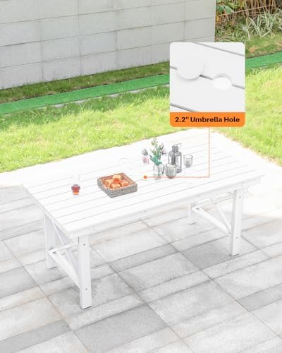 HDPE Outdoor Dining Table, 66.9” Rectangle Patio Dining Table for 6, All-Weather HDPE Outdoor Table with 2.2” Umbrella Hole, HDPE Patio Furniture for Deck, Backyard, Garden, Pool, Pearl - Image 3