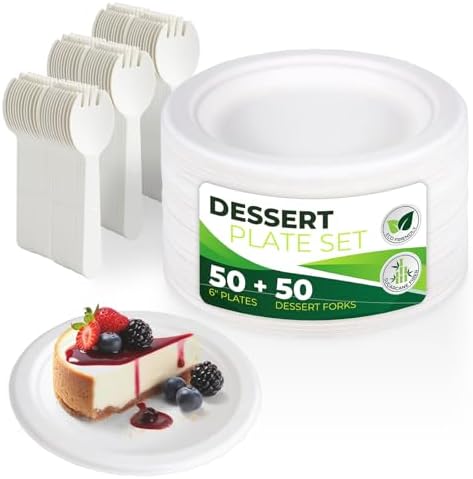 200PCS (100Sets) Biodegradable Paper Plates Set, (100PCS 6" Dessert Plates and 100PCS Forks/Sporks), Compostable Appetize Plate, Disposable Cake Plate, Perfect for Birthday Party by Birchio