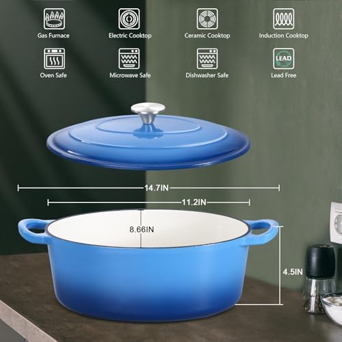Leonyo 5-Quart Enameled Cast Iron Oval Dutch Oven Pot with Lid, Blue - Image 2