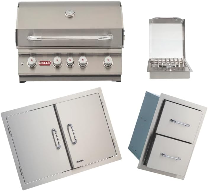 Bull Outdoor Products Premium Outdoor Kitchen Bundle – Angus 75,000 BTU Built-In Grill Head, Double Drawer with Reveal, 38" Double Doors, Single Side Burner, 304 Stainless Steel – LP by Unknown