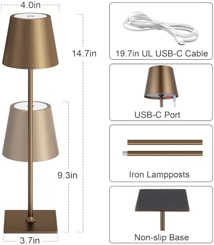 Kakanuo Brown Cordless Rechargeable Table Lamp 5000mAh Battery Operated Lamps, 3 Colors Stepless Dimming Touch Lamp for Living Room, Kitchen Counter, Dining, Outdoor Patio, 2 Pack - Image 5