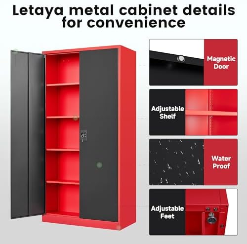 Letaya Metal Storage Cabinets with Lock, 72" Tall Locker Organizer Steel Cabinets, Adjustable Layers Shelves 2 Doors for Home, Office, Warehouse,Garage(Black Red) - Image 4