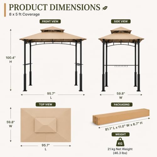Garvee 8x5 Grill Gazebo, Outdoor BBQ Canopy Shelter with Double Tiered Roof Ventilation - Heavy Duty Patio Canopy Tent Steel Frame for Backyard Garden Lawn Grilling Party Picnic Cooking Events, Brown - Image 2