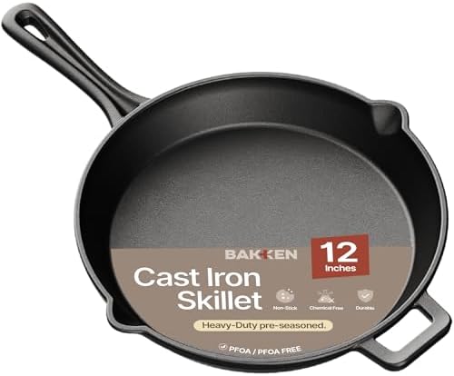 Bakken 12" Cast Iron Skillets, Pre-Seasoned Frying Pan with Even Heat Retention Cooking, Versatile for Stove, Oven, Grill & Campfire, Easy-Grip Handles, Hand Wash Only, 6.61 lbs by BAKK%C3%8BNMASTER