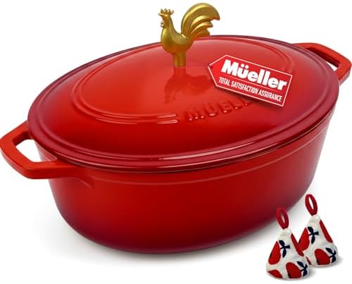 MUELLER HOME 5.5 Quart Enameled Cast Iron Oval Dutch Oven w Rooster Knob & Cotton Potholders, Heavy-Duty Cookware, Oven-Safe up to 500° F & Across All Cooktops, Gifts for Grandma & Women, Red by MUELLERHOME