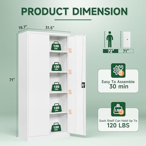 Letaya Metal Garage Storage Cabinets with Lock Door and Adjustable Shelves, Steel Tool Cabinets for Home,Office,Warehouse Organisieren (White, 71" H) - Image 3