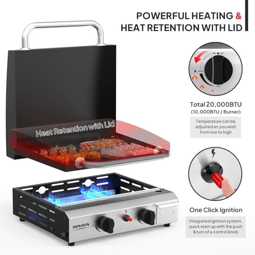 ROVSUN 2 Burner Portable Propane Griddle with Enameled Tray & Lid, 20000 BTU Rolling Flat Top Gas Grill with Electronic Ignition, Side Shelves & Regulator for Outdoor Cooking Camping BBQ Tailgating - Image 2