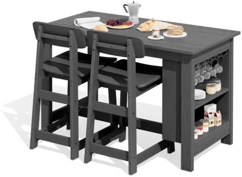 SERWALL 3-Piece Outdoor HDPE Counter-Height Bar Set with 2 Stools, Gray - Image 3