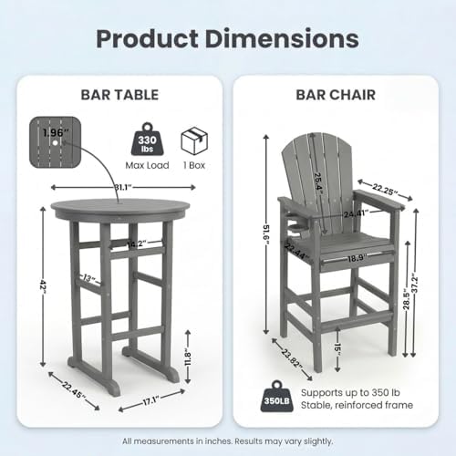 3-Piece Gray HDPE Indoor/Outdoor Bar Height Bistro Set, 31.1" Round Pub Table with 2 Bar Stools, All-Weather Patio Furniture for Balcony, Deck, Poolside & Coastal Use - Image 2