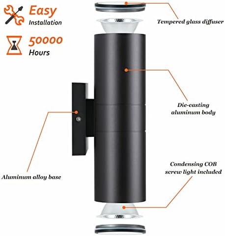 DAKAFUL Outdoor Wall Lights 2 Packs, Integrated LED Cylinder Up Down 12W 2700K Modern Aluminum Light, Waterproof Exterior Light for Porch Patio Door, Matte Black - Image 5