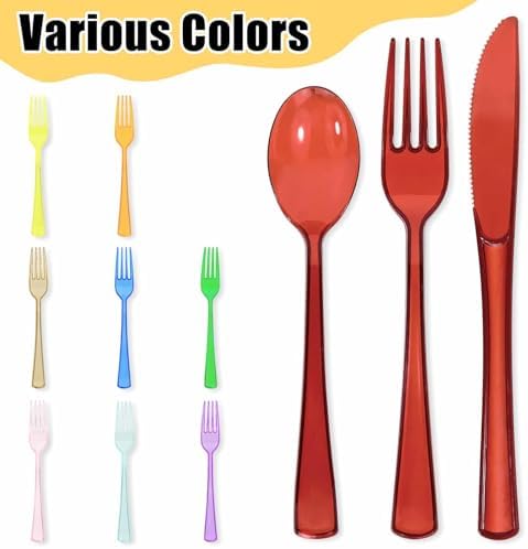 HEIPINIUYE 75 Pack Red Clear Plastic Cutlery Heavy Duty Clear Red Plastic Knives Forks and Spoons Disposable Silverware Set for 25 Guest Birthday Baby Shower Christmas Party Utensil Set - Image 5