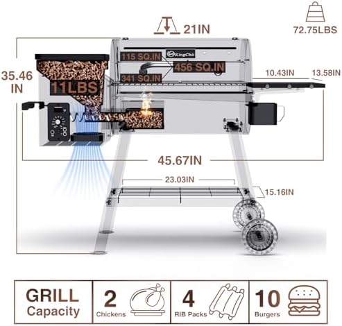 KingChii Electric Wood Pellet Grill & Smoker with Side Shelf, 456 SQ.IN Grill Capacity, with PID Temperature Control (180-425°F) for Backyard Camping Bake and Roast, Black with Cover - Image 2