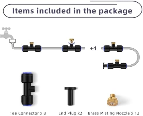 Brass Misting Nozzle Kit, 12 Mister Nozzles + 8 Tee Connectors + 2 End Plugs for Outdoor Cooling Misting System - Image 3