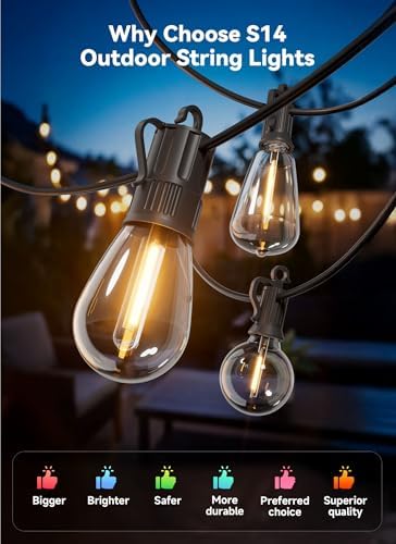 Minetom 53FT Outdoor String LED Patio Lights Waterproof,Shatterproof S14 Vintage Edison Bulbs,Commercial Grade Outside Hanging Lights Waterproof for Porch Deck Garden Backyard Balcony Cafe Bistro - Image 6