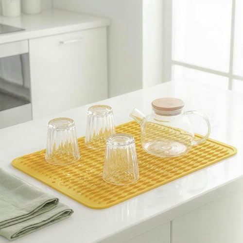MicoYang Silicone Dish Drying Mat — Quick-Dry Ridges Counter & Sink Pad, Heat-Resistant Trivet to 450°F, Non-Slip & Dishwasher Safe, Roll-Up Storage, 18 Colors & 9 Sizes (Yellow, 16"×12") - Image 5