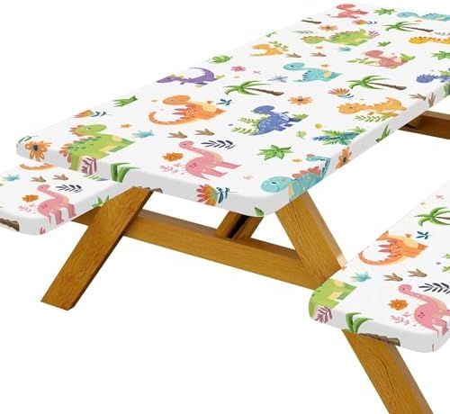 Funny Dinosaur Picnic Table Cover with Bench Covers and Bag, Camping Essentials, Animal Waterproof Windproof Fabric, Fitted Tablecloth Cover with Elastic Edge, for Indoor & Outdoor, 3 PCS, 30x72 Inch - Image 2