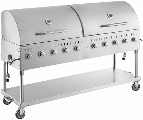 Commercial Stainless Steel Outdoor Liquid Propane Grill with Dual Roll Dome Lids, 72" Cooking Surface, 10 Burners, 160,000 BTU, for Restaurant Patio, Resort, Catering, Outdoor Kitchen, Hotel by Krollen+Industrial