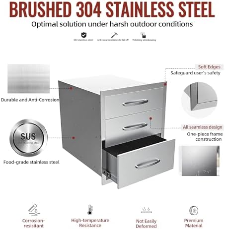 Outdoor Kitchen Drawers, BBQ Drawers for Outdoor Grill Station, 14''W x 21''H x 23''D Stainless Steel Built-in Cabinet with Handle, Weatherproof and Durable Storage for BBQ Accessories and Trash - Image 4