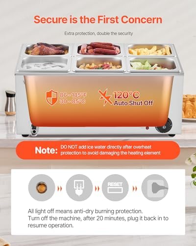 VEVOR 6-Pan Commercial Food Warmer, 24QT Electric Steam Table, 1200W Professional Countertop Stainless Steel Buffet Bain Marie with 86-185°F Temp Control for Catering and Restaurants, Silver - Image 6