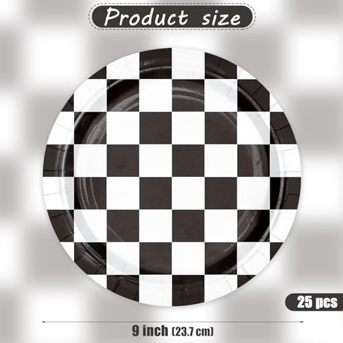 WRAPAHOLIC 25Pcs Racing Cars Paper Plates - 9 Inch Black and White Racing Flags Disposable Plates Decorative Dinner Plates for Party Tableware Supplies Table Decor - Image 2