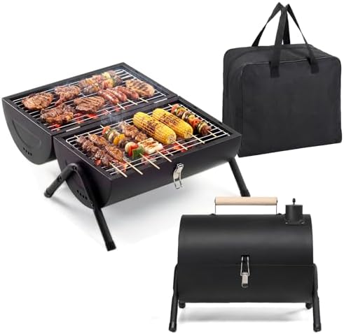 VINGLI Portable Double Sides Charcoal Grill, Wooden Handle, Storage Bag, Multi-functional Metal Compact Tabletop BBQ Outdoor Charcoal Grill for Camping Travel Picnic Patio by VINGLI