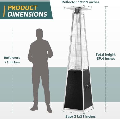Pamapic 89" Pyramid Patio Heater Outdoor, Propane Flame Tower with Quartz Glass Tube, Outdoor Heaters with Wheels & Cover for Deck, Porch, Backyard, Garden, Hammered Gray - Image 6