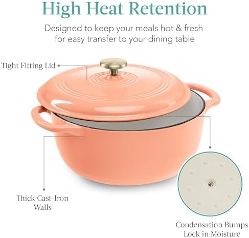 Best Choice Products 7.5 Quart Enamel Cast-Iron Round Dutch Oven, Family Style Heavy-Duty Pre-Seasoned Cookware for Home, Kitchen, Dining Room, Oven Safe w/Lid, Dual Handles - Peach Sorbet - Image 5