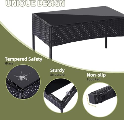 Patio Furniture Set 4 Pieces, Outdoor Rattan Furniture with Tempered Glass Coffee Table, Modern Rattan Patio Chairs Conversation Sets with Sofa for Garden, Terrace, Porch, Lawns - Image 6