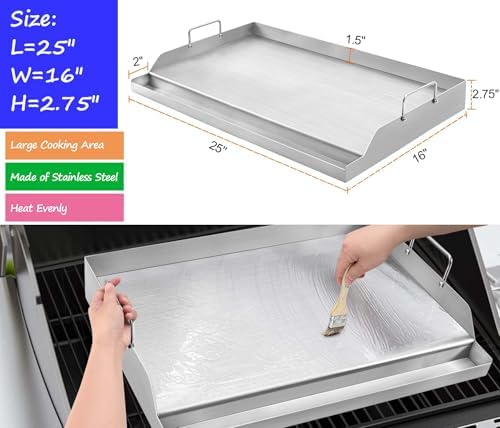GasSaf 25" x 16" Stainless Steel Griddle Universal for Gas & Charcoal Grills, Large Flat Top with Grease Groove, Heat Evenly, Great for Parties, Camping & Tailgating, Outdoor Cooking Flat Pan - Image 2