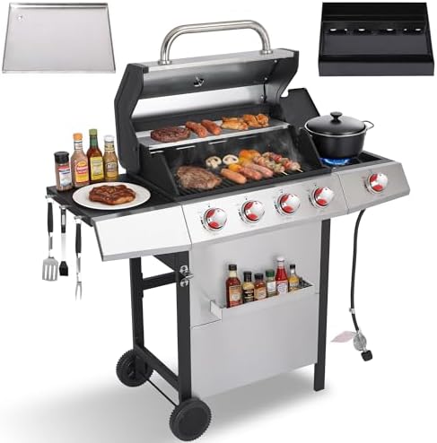 Gas and Charcoal Grill Combo with Side Burner, 4-Burner Propane Grill and Griddle Combo with Porcelain-Enameled Cast Iron Grates & Double-Wall Insulated Lid, 49,000 BTU Outdoor BBQ Grill by Unknown