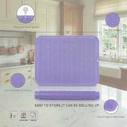 MicoYang Silicone Dish Drying Mat for Multiple Usage,Easy clean,Eco-friendly,Heat-resistant Silicone Mat for Kitchen Counter or Sink,Refrigerator or Drawer Liner Light Purple XL 18 inches x 16 inches - Image 2