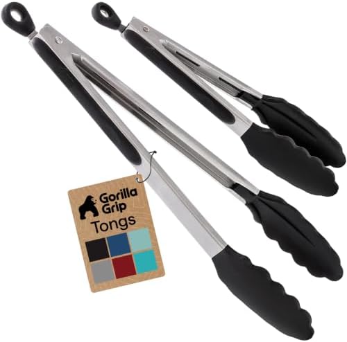 GORILLA GRIP Stainless Steel Kitchen Tongs for Cooking, 2 PK, Black by GorillaGrip