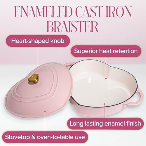 Paris Hilton Enameled Cast Iron Braiser, Heart-Shaped Skillet with Lid, Superior Heat Retention Casserole, Stovetop and Oven-to-Table, 3.5-Quart, Pink - Image 5