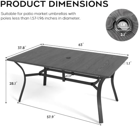 63”x37.8” Metal Outdoor Dining Table for 6,Rectangular Patio Dining Table with Adjustable Umbrella Hole,All-Weather Black Outdoor Patio Table for Porch, Garden - Image 2