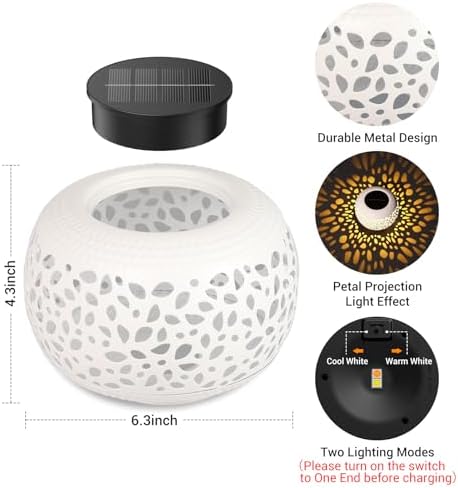Solar Lanterns Outdoor Waterproof Lights: 2Pack White Hollow Out Metal Table Light, Outside Garden Yard Balcony Indoor Tabletop Lighting Decorations, Unique Gardening Gifts for Women Mom - Image 2