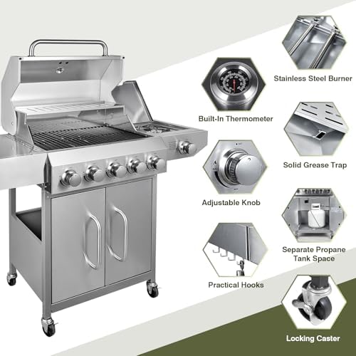 Bestfire 68,000 BTU 5 Burner Propane Gas Grill with Side Burner-Professional-Grade Stainless Steel Outdoor BBQ Grill-647 sq in Cooking Space&Porcelain Cast Iron Grrates-Patio Cart Design for Backyard - Image 5