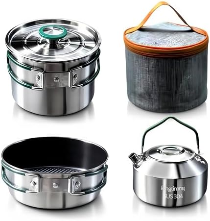 Stainless Steel Camping Cookware, durable, easy to clean, and quick to heat up. Durable camping pots and pans, perfect for family picnics, camping, backpacking, hiking. by longtiming