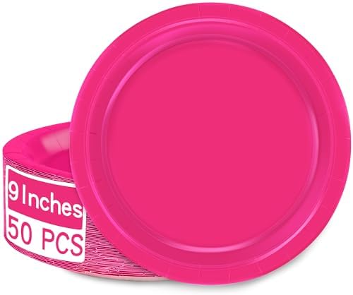 50 Pieces of Hot Pink Paper Plates 9" Round Sturdy Fuchsia Tableware Set by QZYL